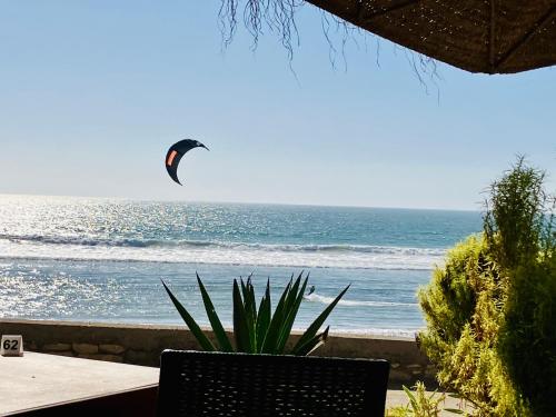 a kite flying over the ocean on the beach at Cozy 1BR Bungalow with Kitchen in Eco Garden Nature Escape in Agadir