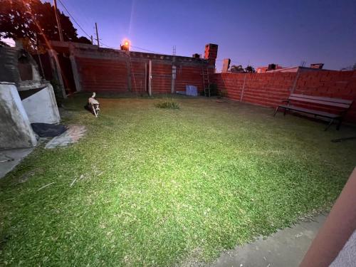 a dog running in a yard next to a brick wall at Casa de dos dormitorios en villa adela a 10 minutos del centro para 7 personas se aceptan mascotas in Concordia