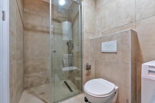 a bathroom with a toilet and a glass shower at Cozy apartment in Čajetina