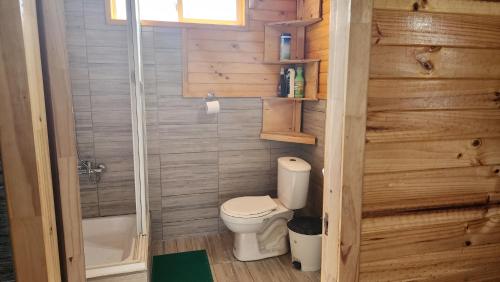 ein kleines Bad mit einem WC und einer Badewanne in der Unterkunft Cabaña kiro in Dalcahue