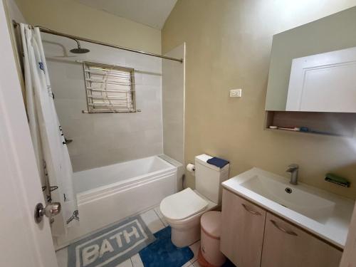 a bathroom with a white toilet and a sink at Finest Accommodation Phoenix Prk Village 1,Phase 4 lot 1347, 26 Sheawater Ave in Portmore