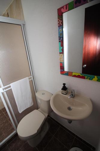 a bathroom with a toilet and a sink and a mirror at DAM Hotel Pereira in Pereira
