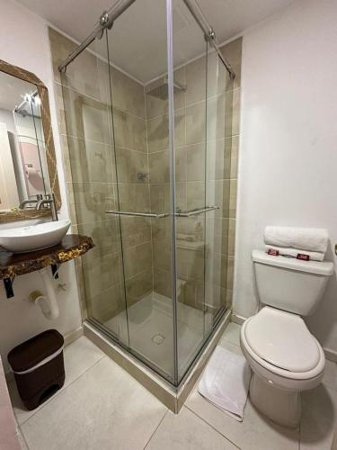 a bathroom with a shower and a toilet and a sink at Mahalo Hostel in Salento