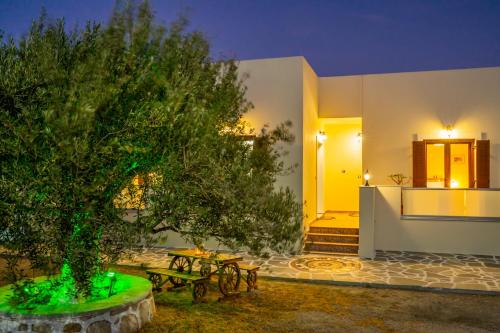 a house with a tree in the yard at night at Olive Studios Karpathos Studio #4 in Karpathos Town