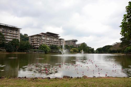 einem Teich mit Flamingos im Wasser vor den Gebäuden in der Unterkunft Pico De Loro Room Rate in Nasugbu