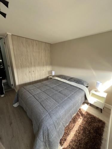 a bedroom with a large bed and a rug at Moderno y cómodo departamento in Coquimbo