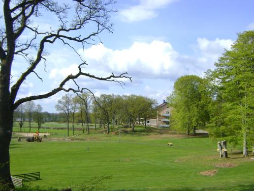 a park with green grass and a building in the background at Hotel Hehrne Kök & Konferens in Vänersborg