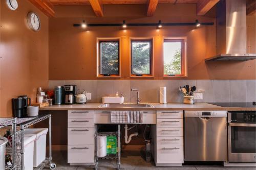 a kitchen with a sink and two windows at Water Mtn Views, Forest Walk To Beach! in Clinton