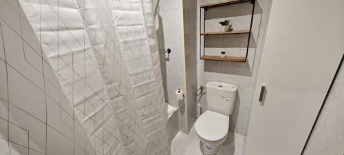 um pequeno banheiro com vaso sanitário e chuveiro em Ático estudio centro Vigo, luminoso em Vigo