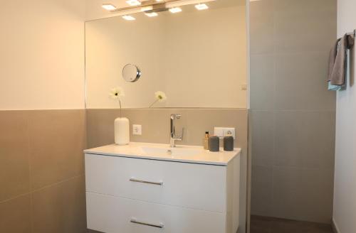 a bathroom with a sink and a mirror at Ferienhaus Viktoria in Abfaltersbach