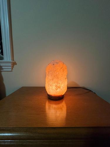 a rock sitting on top of a wooden table at The Regal Haven in Metuchen
