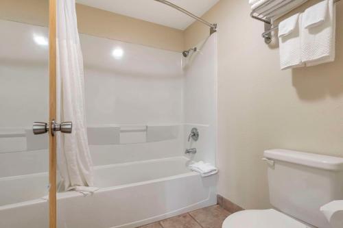 a bathroom with a shower and a white toilet at Quality Inn Ashland - Lake Superior in Ashland