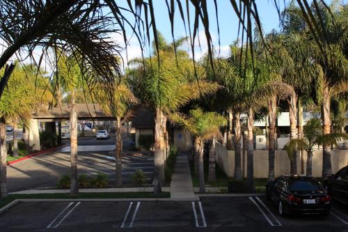 a parking lot with palm trees in front of a building at O'Cairns Inn and Suites in Lompoc