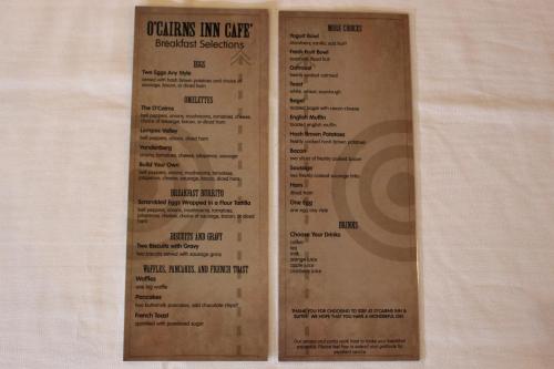 a section of a menu for a coffee shop at O'Cairns Inn and Suites in Lompoc