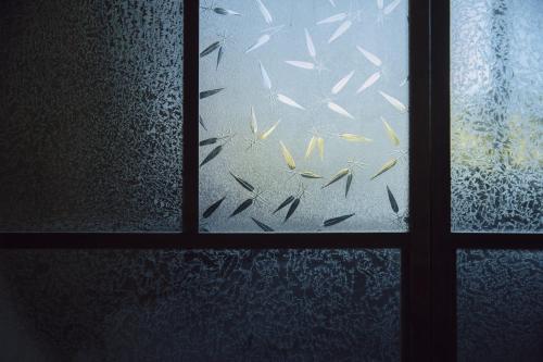 a window with a view of a flock of fish at 旧雨今雨 in Onomichi