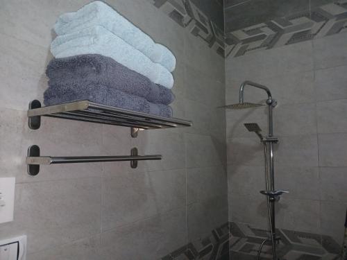 a bathroom with a shower with a pile of towels at Hurghada HOME in Hurghada