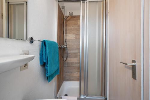 a bathroom with a shower and a toilet and a sink at Haus Bührer in Freiamt