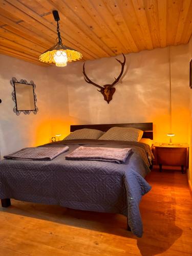 a bedroom with a bed in a room with a ceiling at Zum oidn Schmie Haus in Pemfling