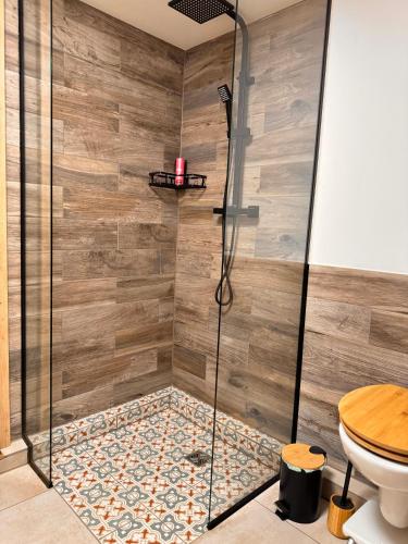 a bathroom with a shower with a toilet at Zum oidn Schmie Haus in Pemfling