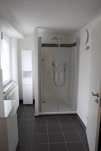 a bathroom with a shower with a glass door at Ferienwohnung Jolie in Sankt Oswald