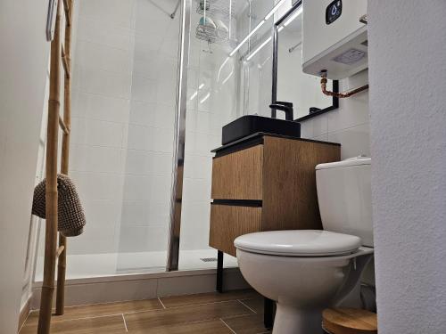 une petite salle de bain avec toilettes et douche dans l'établissement Le Cosy du Grand Cap - Appt avec balcon vue mer, à Villers-sur-Mer