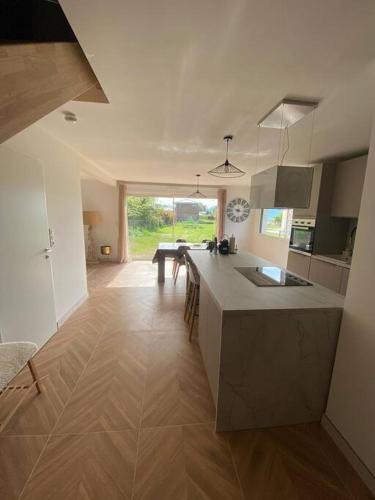 une cuisine avec un comptoir et une table à l'intérieur dans l'établissement Maison neuve commune Evian les Bains, à Publier