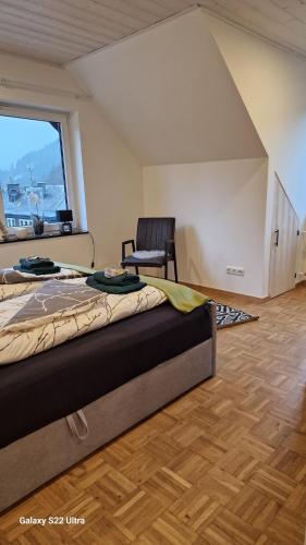 a bedroom with a bed and a chair in a room at Ferienwohnung Vier Pfoten in Willingen