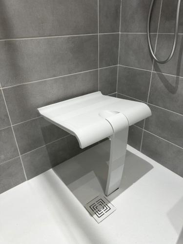 La salle de bains est pourvue d'un lavabo blanc et d'une douche. dans l'établissement Le Studio de l 'Avenue, à Valence