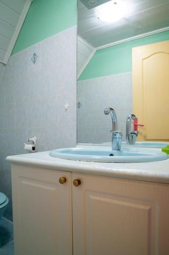 une salle de bain avec un lavabo et un miroir dans l'établissement Le castel, à Laval-du-Tarn