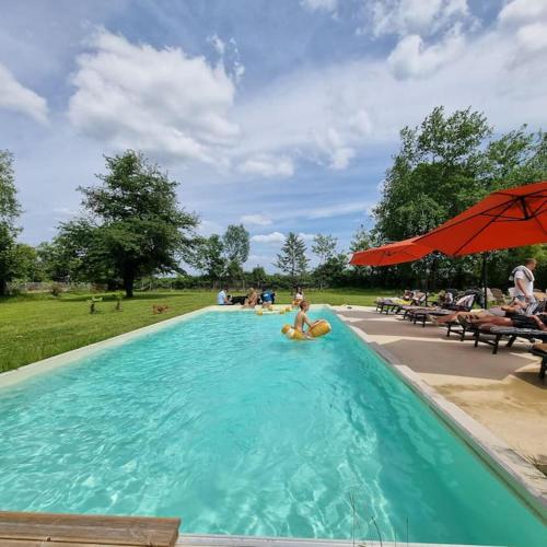 - une grande piscine avec une personne sur un radeau dans l'établissement Le château de Willival pour 15 pers avec piscine, à Saint-Ciers-dʼAbzac