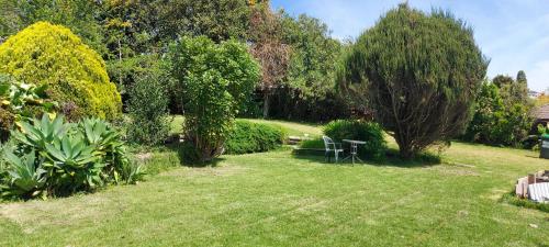 a garden with a table and chairs in the grass at Haley's cabin in Tauranga