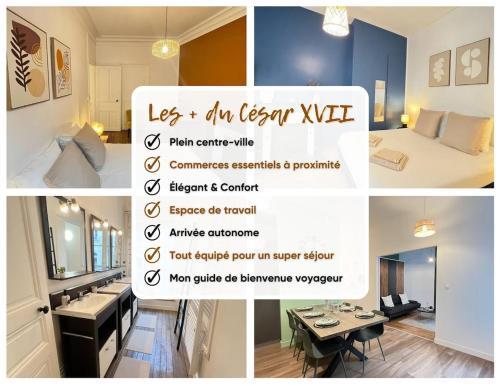un collage de photos d'une chambre d'hôtel avec un panneau dans l'établissement Le César XVII - Hypercentre, à Angers