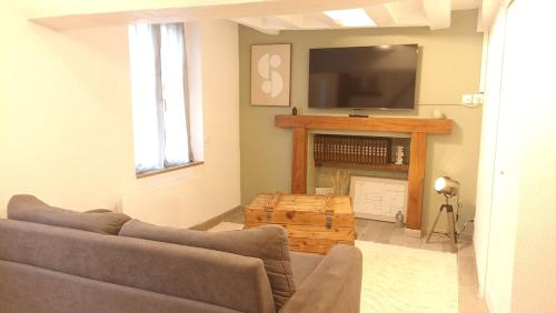 a living room with a couch and a tv at La petite maison des choux in Les Choux