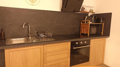 a kitchen with a sink and a microwave at La petite maison des choux in Les Choux