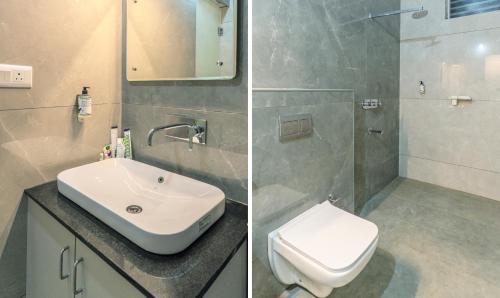 2 fotos de un baño con lavabo y aseo en Treebo RC Comforts, en Chikmagalur