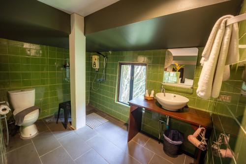 a green bathroom with a toilet and a sink at 11 Rooms in Chiang Dao