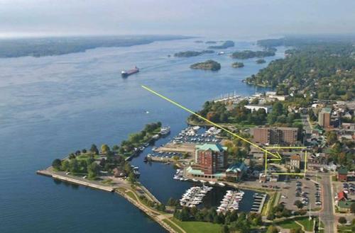 an aerial view of a marina with a harbor at Noble Waterfront Suites in Brockville