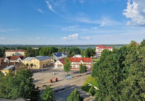 an aerial view of a small town with buildings at Pilve apartment in Võru