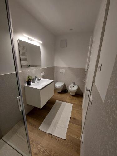 a bathroom with a sink and a toilet at Appartamento ZUFALL in Cogolo