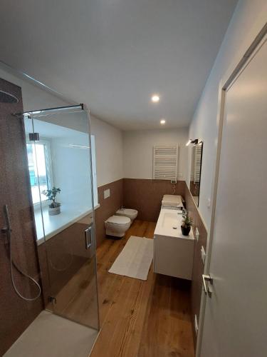 a bathroom with a shower and a toilet and a sink at Appartamento ZUFALL in Cogolo