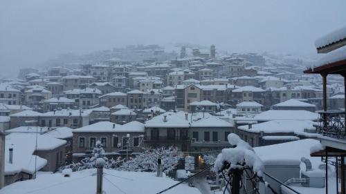 a city covered in snow with houses at Alexandros Guesthouse in Arachova