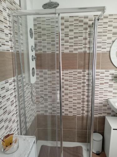 a shower with a glass door in a bathroom at Appartamento Caterina in Cairo Montenotte