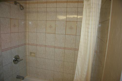 a bathroom with a shower with a shower curtain at Civic Center Lodge / Lake Merritt BART in Oakland
