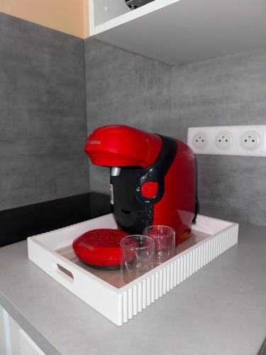un mélangeur rouge assis sur un comptoir avec des verres dans l'établissement Appartement Le Palais, à Vernet-les-Bains