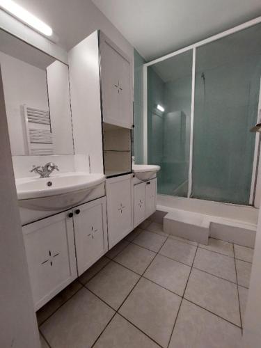 une salle de bain blanche avec un lavabo et une douche dans l'établissement Maison avec terrasse Bordeaux Chartrons, à Bordeaux