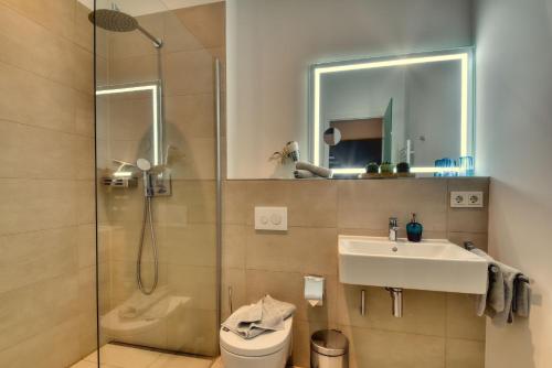 a bathroom with a shower and a sink and a toilet at Ferienwohnung Grasmücke 09 im Wreecher Idyll Rügen by ruyastay in Putbus