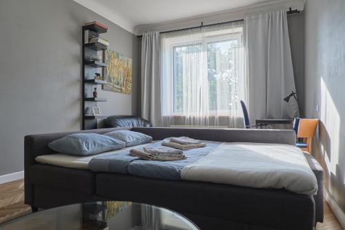 1 dormitorio con 1 cama con mesa de cristal y ventana en Cozy apartment near the embankment and the Old Town and free parking in front of the apartment windows, en Riga