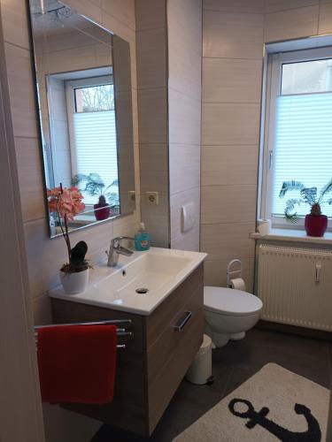 a bathroom with a sink and a toilet and a mirror at Ferienwohnung Beim Rößl in Nossen