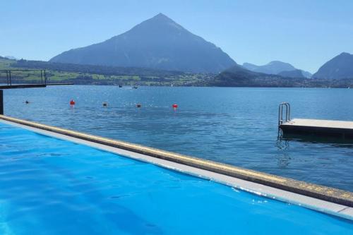 a swimming pool with a mountain in the background at SwissHut Stunning Views Alps Lake - Chalet Chrutzwag in Sigriswil