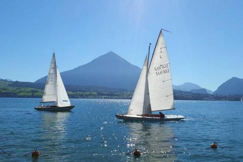 two sailboats on a lake with mountains in the background at SwissHut Stunning Views Alps Lake - Apart. Erli Down in Därligen